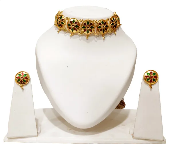 Assamese_Traditional_Gold_Plated_Red_Green_Colour_Golpata_Necklace_Set_For_Women